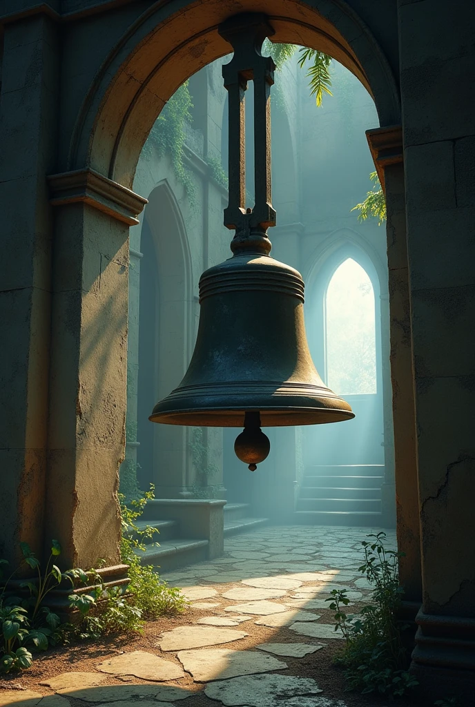 A bell from an old and desolate church at dusk, with a light mist and long shadows.
