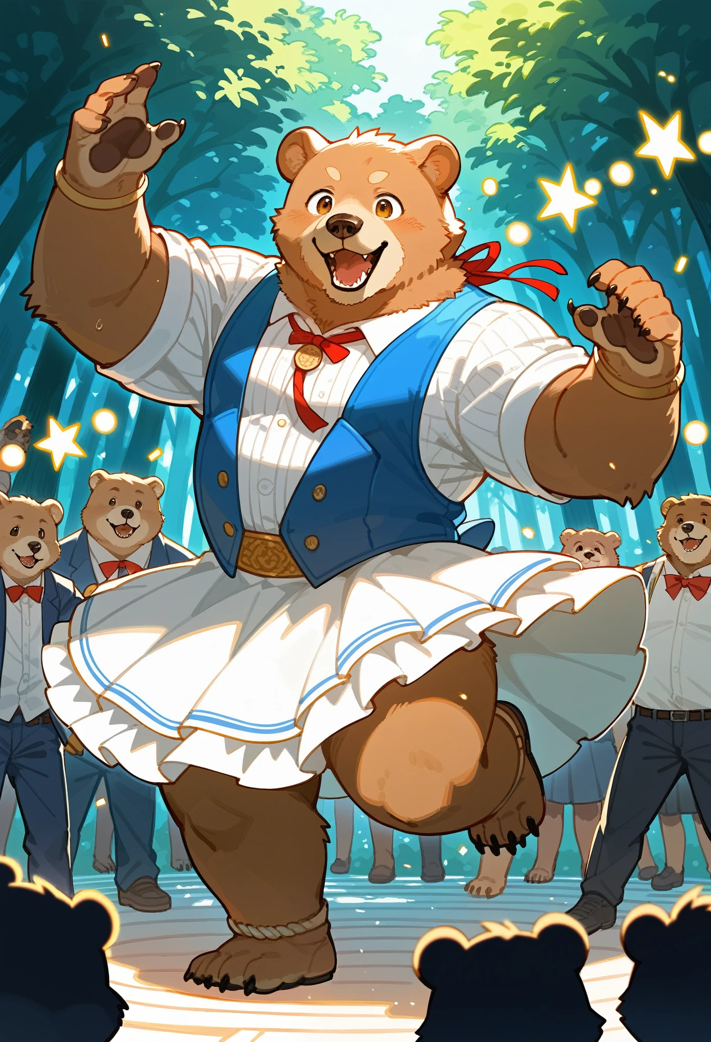 top quality, best quality, High-quality illustrations, masterpiece, super high resolution, detailed background, forest(super cute 1girl, bear, pair)singing, dancing, waltz, boys, girls, absurdres(highly detailed beautiful face and eyes)perfect ???????, expression, good lighting, cinematic shadow(kemono, furry anthro)assorted poses, dynamic angle,