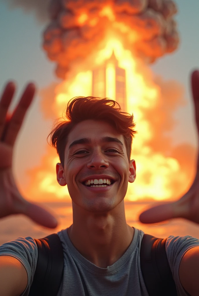 Last selfie. The young man takes a selfie with a large building behind him, just as this explodes into a giant ball of fire and debris. His expression is one of enthusiasm, completely unaware of the impending danger, with the explosion filling the sky behind him. Oops.