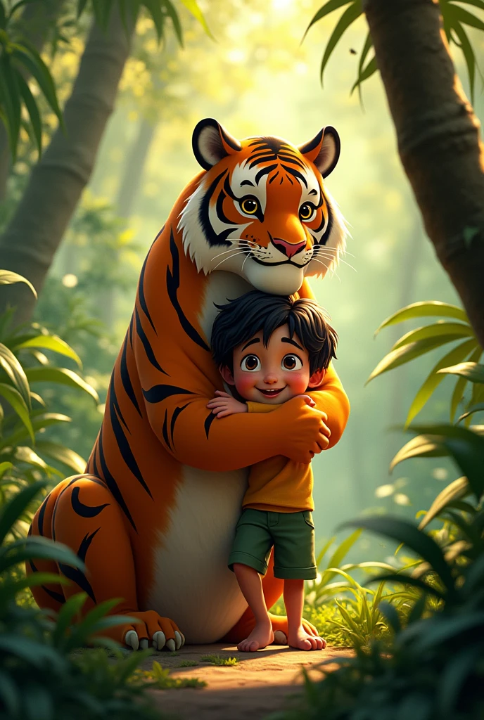 A littel boy Raju and littel baby tiger Raja meeting secretly in the jungle, Raja now bigger and stronger, Raju and Raja embracing each other, surrounded by lush greenery
