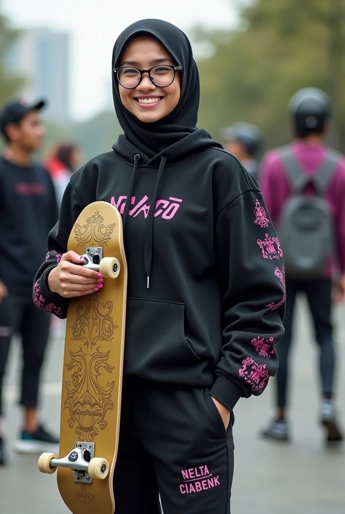 Original photo. hijab smiling face of young Indonesian woman 195cm tall wearing glasses. with tigerwearing a sharia hijab. wearing a black hoodie with pink motifs. it says "NELTA CIABENK" jogger pants. Vans sneakers, holding a gold skateboard on the back that says "10K FOLLOWERS" is an American skate board ride. lots of skaters playing. Realistic photography, very realistic