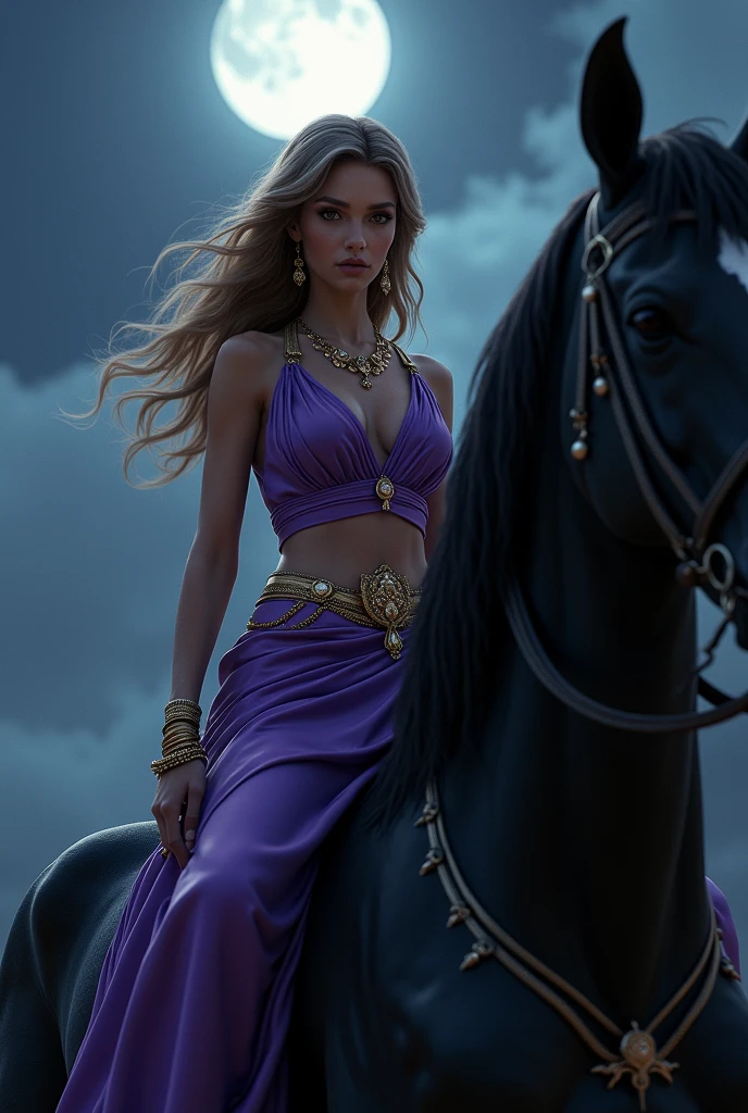lilith with big and curious eyes, light brown hair and purple Greek toga with golden belt and bracelets riding a large black horse during the night.
