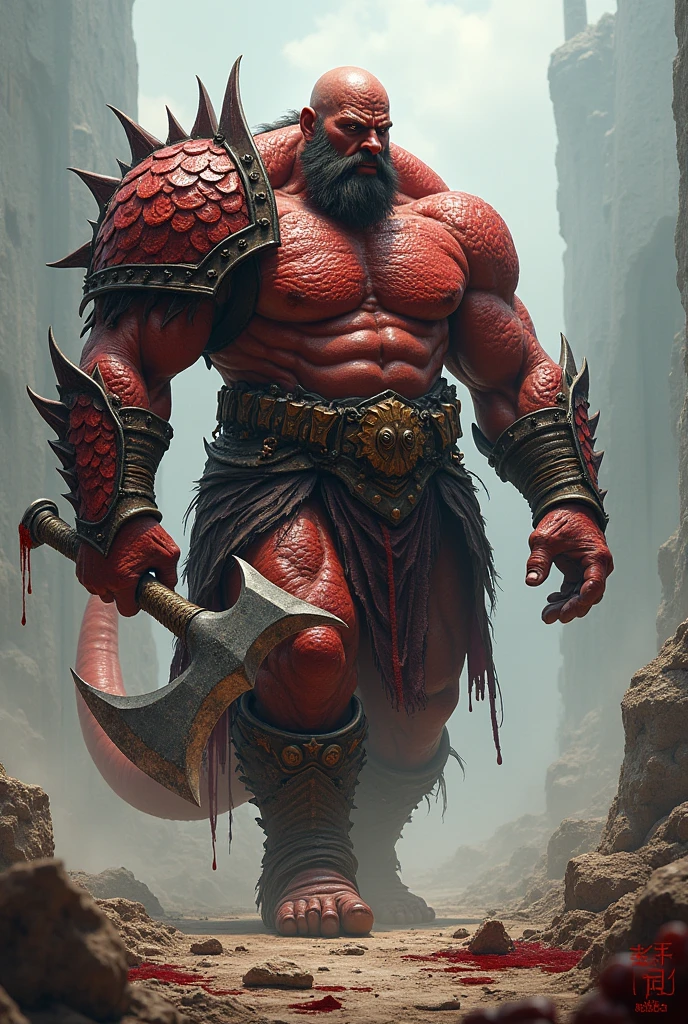 brutal warrior, red dragon scale armor, great axe, half giant, blood