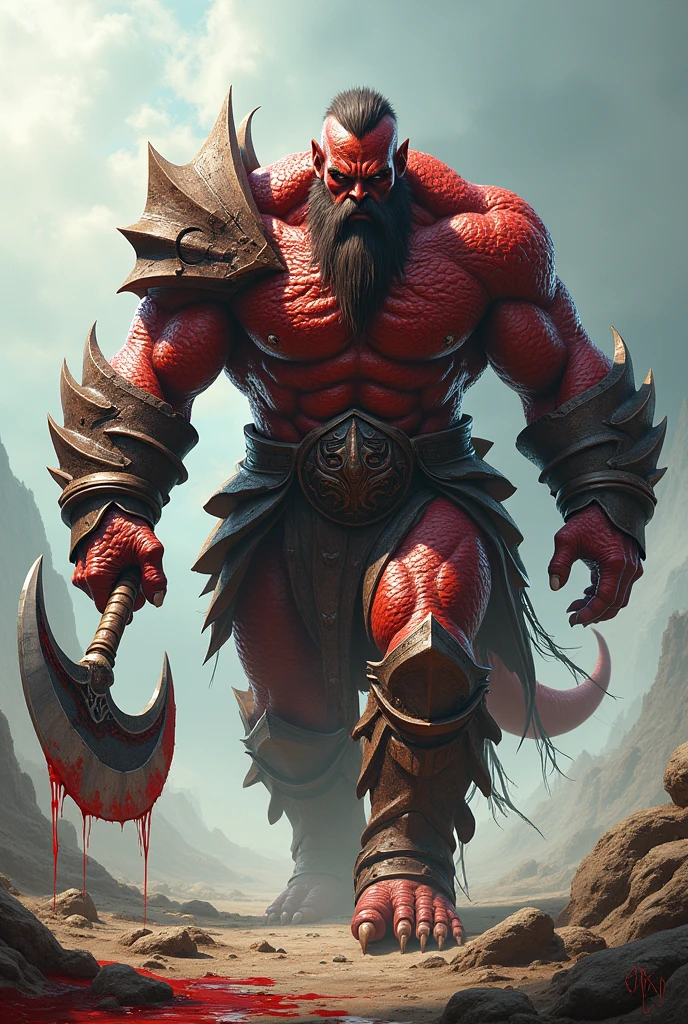 brutal warrior, red dragon scale armor, great axe, half giant, blood