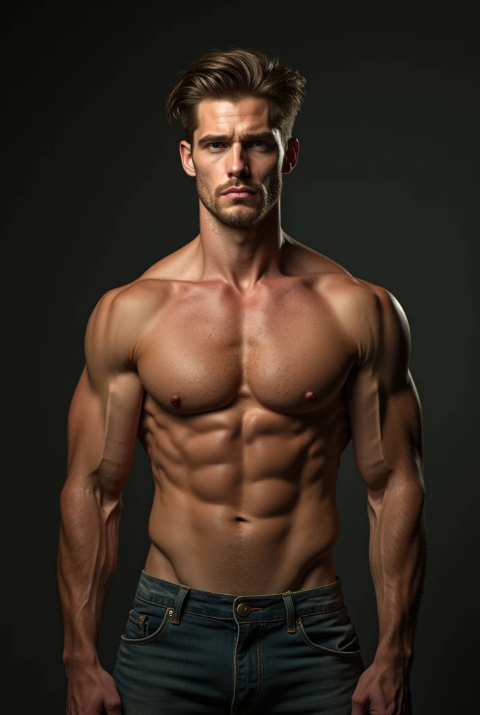 6'4 sexy attractive handsome hot norwegian male model with attractive seductive sexy ripped shredded x shape physique with broad shoulders, narrow waist, thick brown hair and eyebrows, seductive hunter eyes shape, amber eyes color, Russian plump male lips, hollow cheeks, v shape chin, L shape jawline, seductive look, make it look as real as possible, broad shoulders and narrow 30 inches waist making 1.8 shoulder to wait ratio