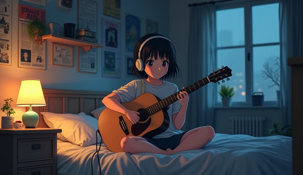 Perfect image, 8k, night、High school girl listening to music in a cozy room, Using headphones、Practicing guitar、 2D-style animation, Lo-Fi, Emotional、Retro、Anime style illustrations