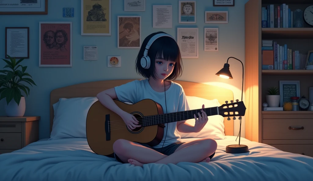 Perfect image, 8k, night、High school girl listening to music in a cozy room, Using headphones、Practicing guitar、 2D-style animation, Lo-Fi, Emotional、Retro、Anime style illustrations