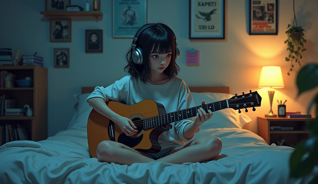 Perfect image, 8k, night、High school girl listening to music in a cozy room, Using headphones、Practicing guitar、 2D-style animation, Lo-Fi, Emotional、Retro、Anime style illustrations