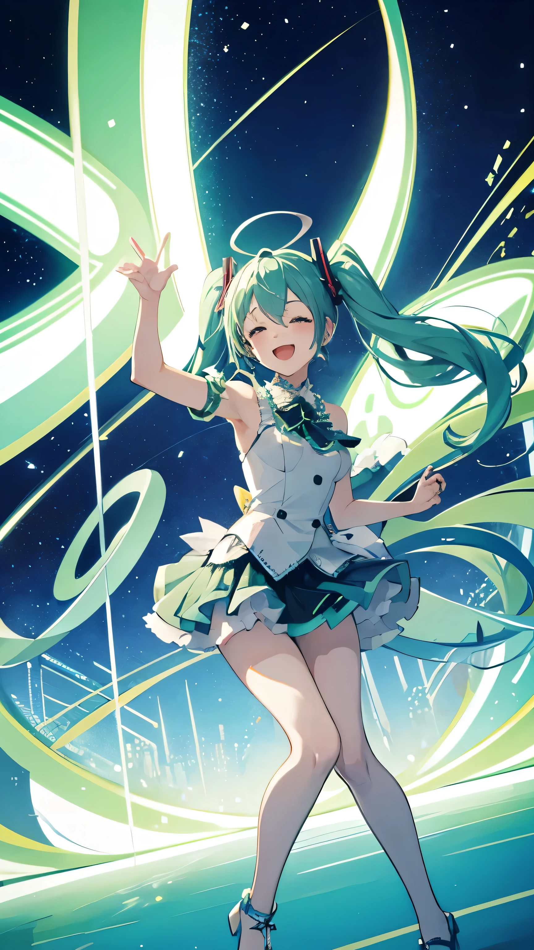 Hatsune Miku in a lively concert venue, With a spectacular and colorful backdrop. Miku was singing her favorite song with great energy., Smiling brightly, Long Green Hair, futuristic hat, Unique and artistic clothing.