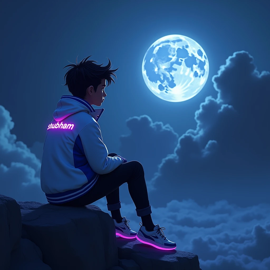 A young person sits on a rocky cliff, gazing at a large, luminous moon in a dramatic sky filled with dark clouds. The figure is dressed in a white jacket with blue accents, featuring a prominent “Shubham” neon glow logo on the back, and black pants. Their stylish, futuristic sneakers emit a soft purple glow, while their hair is tousled and lightly illuminated by the moonlight. The overall scene has a moody and introspective atmosphere, with shadows and vibrant colors blending beautifully.