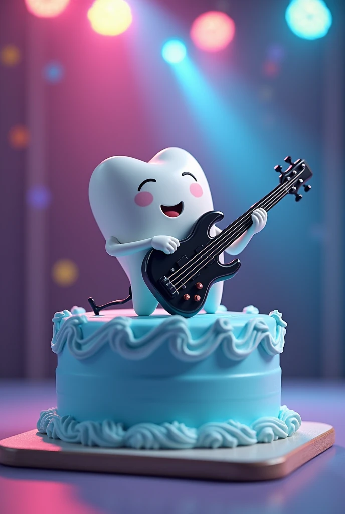 A light blue cake with a little male tooth playing a black electric bass with five strings, with a stage background 