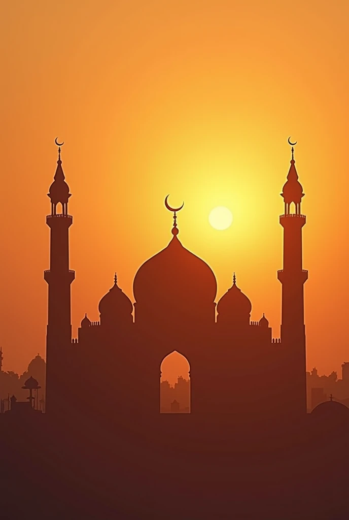 Create a graphic with a Mosque Silhouette as the background. Use a warm color palette to convey a serene and inviting atmosphere. Ensure the mosque silhouette is prominent and adds a spiritual touch to the design.