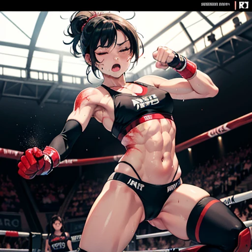 Intense violence. A fierce exchange of dynamic punches and kicks. extreme survival battle. Distorted face. they are beating each other so hard. (bloody) beautiful Japanese female fighters are fighting in the octagon fighting ring of underground arena with audience. whole body picture. they are covered in (blood) and (bruises). they are damaged terribry. Short-cut black hair, out of breath, drooling from mouth, one eye is closed, exhausted, drenched in sweat. Erect nipples. open finger glove. sports-bra, high-leg panty, Stockings. armwarmers. small breasts, armwarmers. Whittled waistline, muscular, sixpack abs