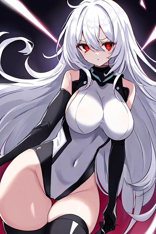 1girl, white hair, leotard, futuristic, bodysuit, thick thighs, wide hips, large breasts, breasts, long hair, red eyes, one-eye covered, serious, hair over one eye, hair over one-eye, science-fiction, thigh strap, sleeveless, black leotard, black clothes, black gloves, 2d, anime style, anime screencap