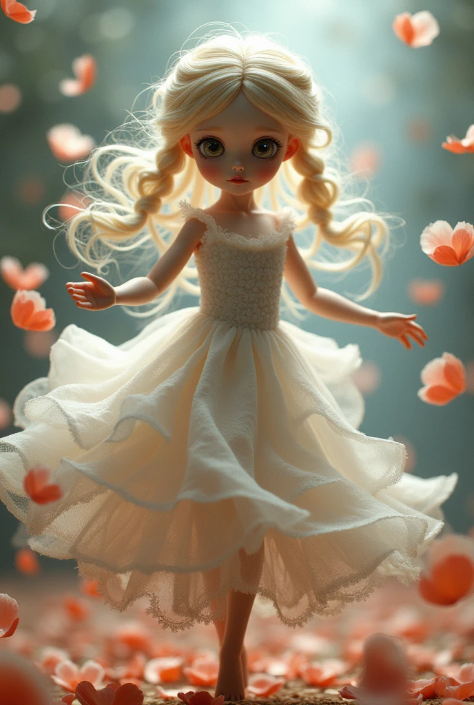 I would like a beautiful doll created with dancing flower petals that transforms as it dances.