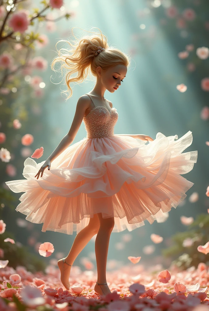 I would like a beautiful doll created with dancing flower petals that transforms as it dances.