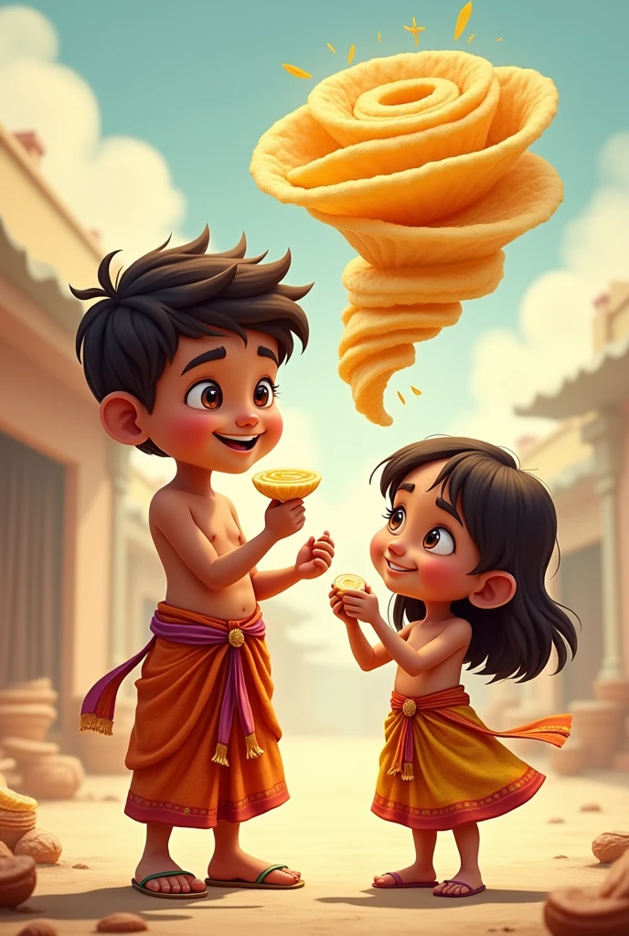 dhoti wearing cute boy on hold snack and girl on hold tornado potato chips logo
logo name mr potato