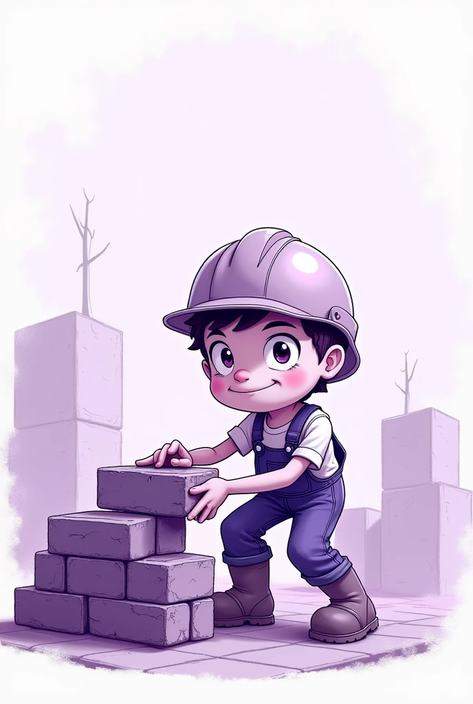 make a drawing of a bricklayer in cartoon form and with the purple palette, white and light purple