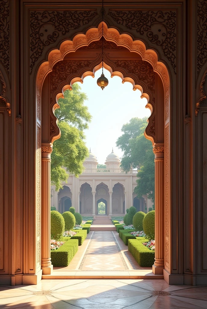 Create a mughal era door that leads to garden