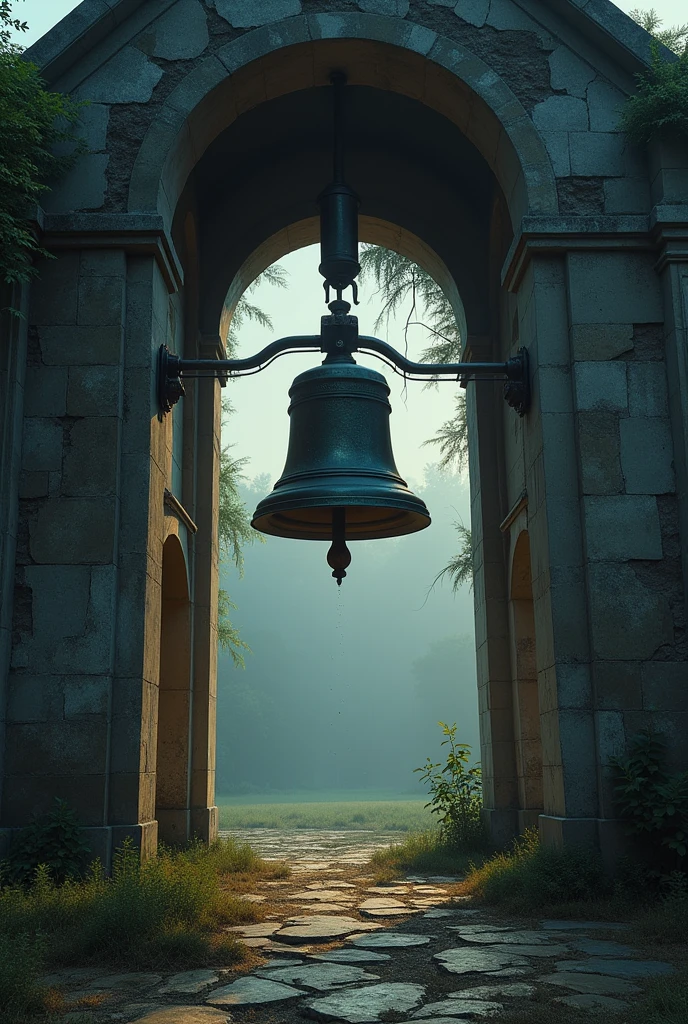 A bell from an old and desolate church at dusk, with a light mist and long shadows.