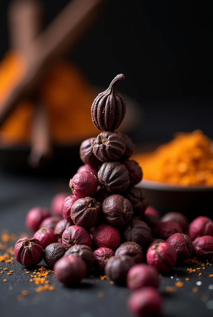 Make a Studios images with black peppers and pink pepper with valila and saffron on top each other with dark orange and black background