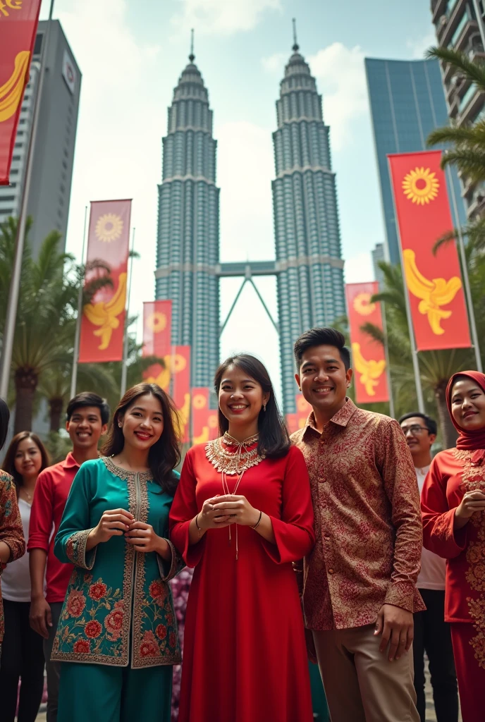 Merdeka day post with people in traditional outfits with klcc