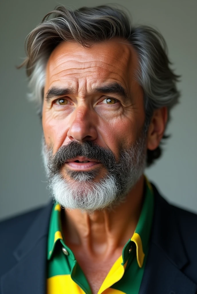 Man with beard and mustache in Brazil shirt, best quality,4K,8k,very attractive man with beard, well-groomed facial hair, fluffly, breath-taking, realisitic, ultrarealistic image, natural mustache, old male,soft portrait shot 8 k, very detailed portrait, bushy mustache, hyper-realistic style, thin beard, short facial hair, Stubble, fluffly, face detailed, ultra realistic portrait, hair grey,stylish suit, gaping mouth,