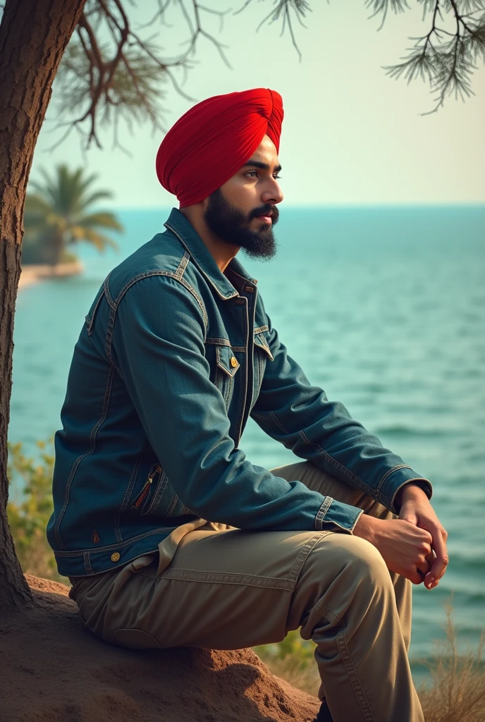  A Punjabi boy , wear a punjabi turban, denim red jacket cargo pant Realistic, facing at a sea, sitting alone,trees in the back , ultra realistic face,water see a bold name "RAJU"
