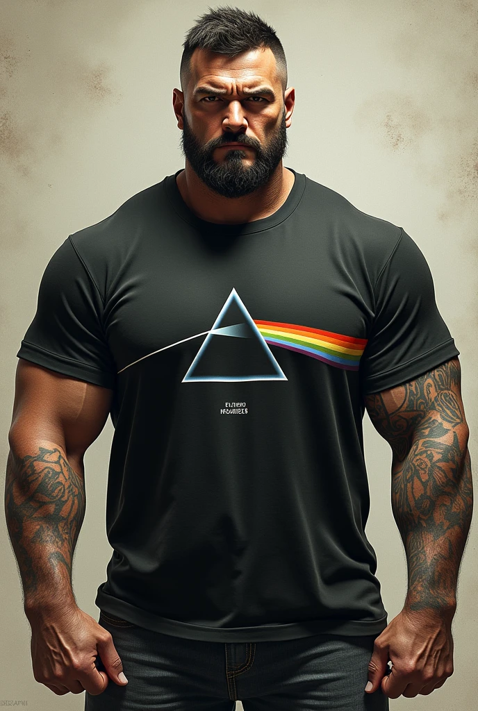 Short strong guy with square face, military hair, tattoo covering the arm and pink floyd shirt