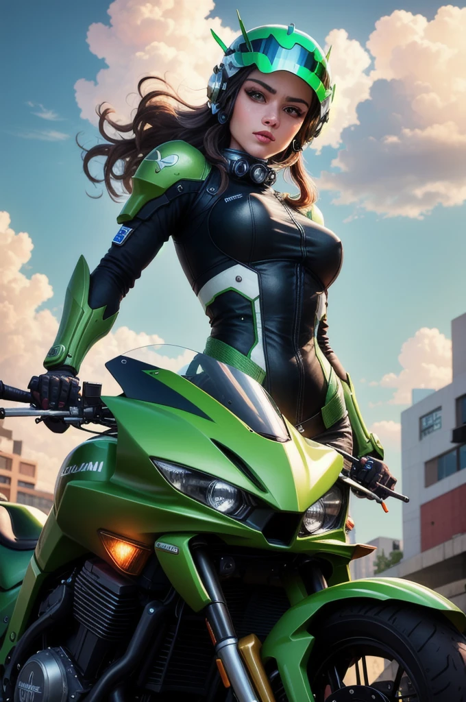 ((Best Quality)), ((masterpiece)), (detailed), Maximum image quality, outstanding details, ultra high resolution, (Realism: 1.4), the best illustration, favor details, 1 very condensed girl, with a delicate and beautiful face, dressed in a black and green wick, wearing a mecha helmet, holding a directional controller, ride a motorcycle, the background is a high-tech lighting scene of the city of the future., (detailed cloudscape:1.3), (High resolution:1.4), from below, (classification_explicit), (score_9, score_8_above, score_7_above, score_6_above, score_5_above, score_4_above, High resolution, 4k)