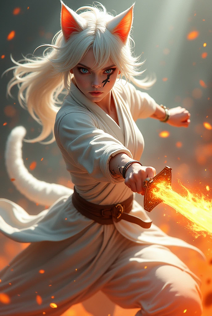 A female white cat dressed in ninja dress with white ponytail with scar across eyes and anger in eyes fights with sword swiftly using the sword covered with fire
