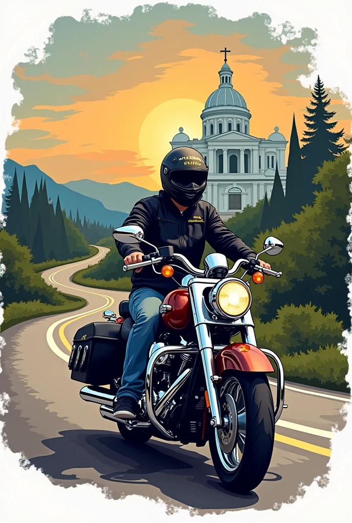 Create logo for the Catholic pilgrimage motorcycle group, with motorcycle, helmet, Roadside, Basilica and Our Lady of Aparecida Brazil