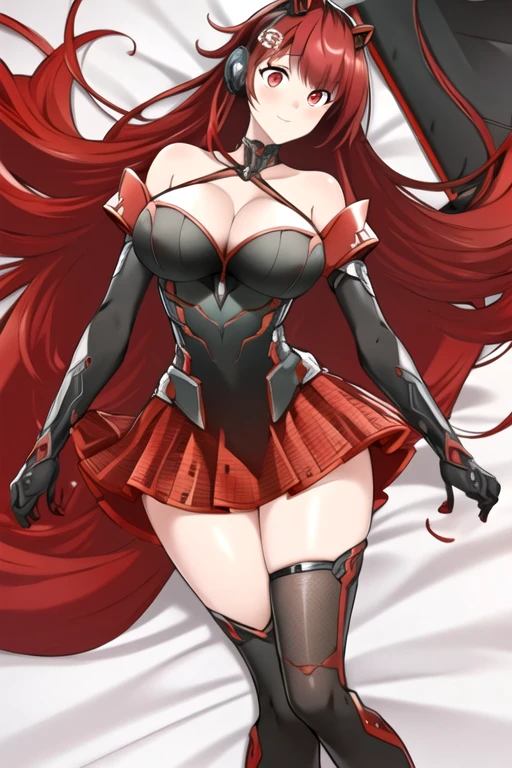 masterpiece, best quality, illustration, ultradetailed,
1girl, black and red hair, red eyes, long hair, big breasts, large thighs, black and red thighhighs, cleavage, black and red headphones, 1hair ornament, embarrassed,
bedroom, bed,