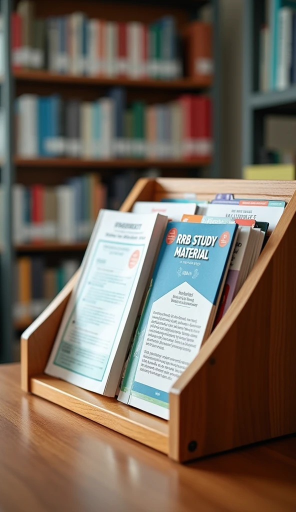 book rack with text written "RRB Study Material' only in english text clear not blur