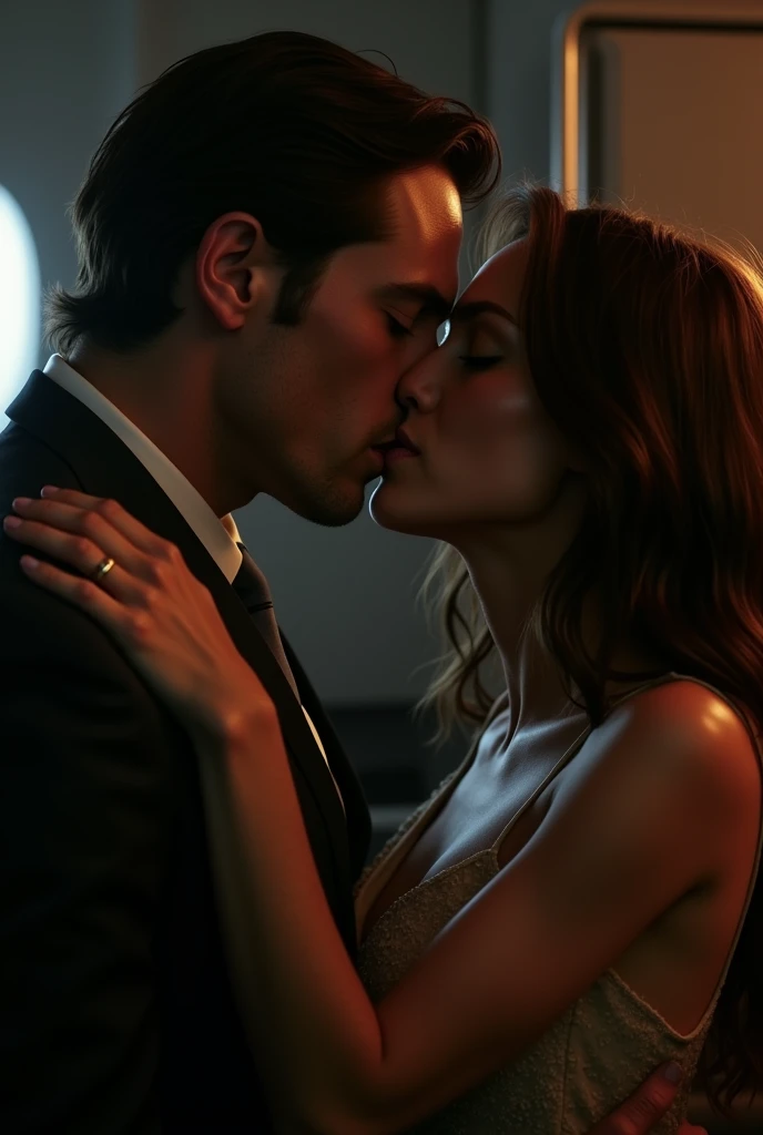 (photorealism:1.2), Rachel McAdams and Cillian Murphy on Red Eye movie kissing each other.