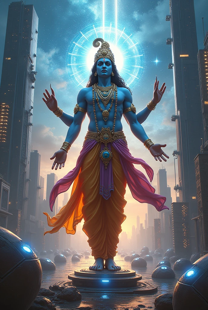 Sri Krishna at the end of kaliyuga showing off his prowress as the lord of multiverse in futuristic world