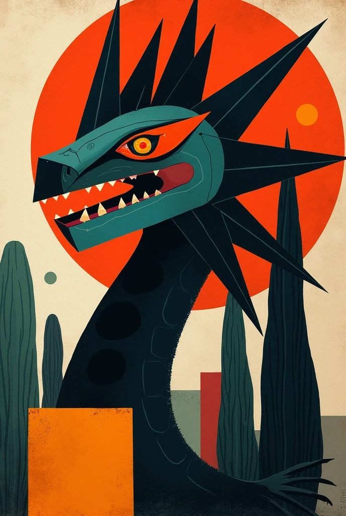 Generate me a mask that looks a lot like the god Quetzalcoatl in cubist style without many feathers
