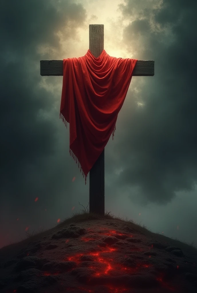Cross with a red cloth, on Calvary in the midst of darkness, and the cross emitting a light on the ground