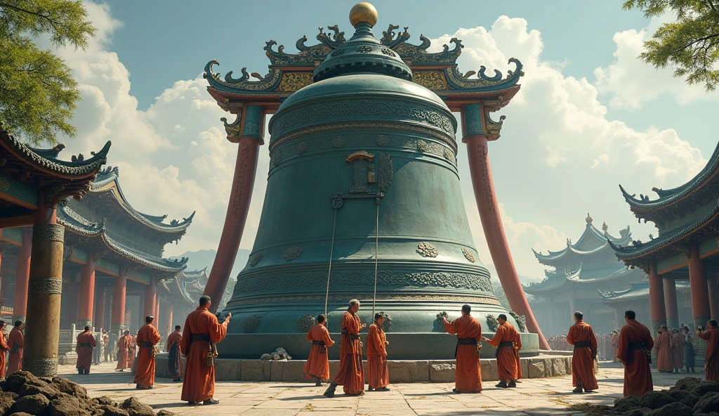 Men building a giant Chinese bell