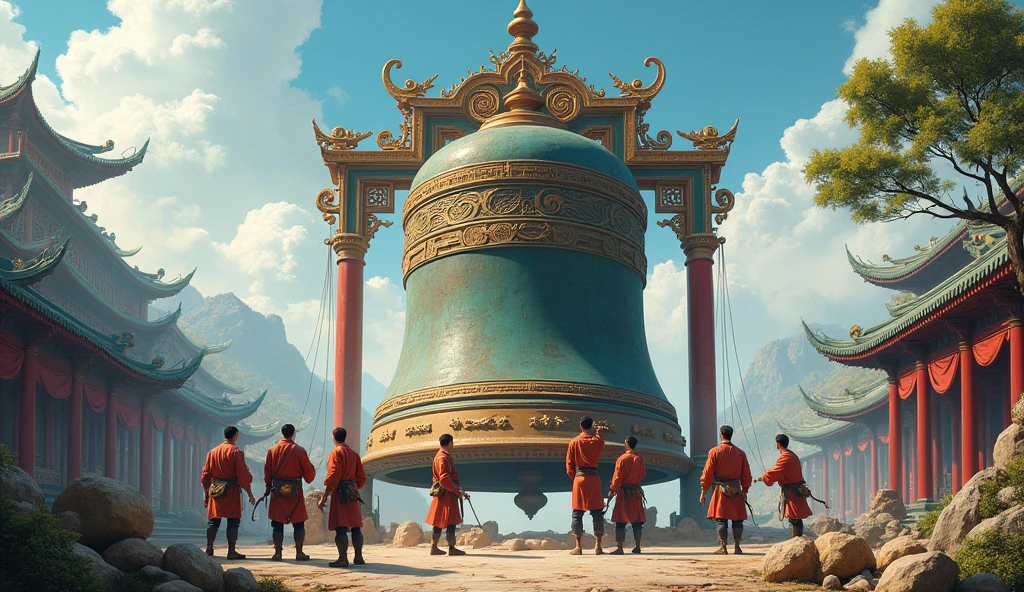 Men building a giant Chinese bell