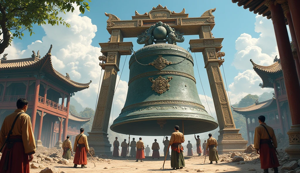 Men building a giant Chinese bell