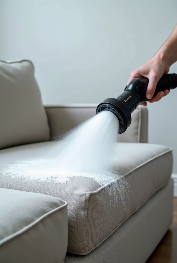 jet cleaner cleaning sofa upholstery, show where the jet passed. show only the sofa and the jet nozzle