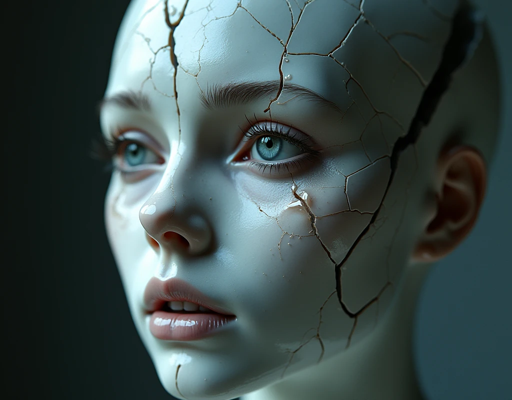 The text on the image reads:
"Ultra-detailed headshot of a porcelain-skinned figure, with a face cracked and shattered, deep fissures and missing shards reveal the fragility, tears glistening as they stream down the fractured surface, eyes brimming with intense pain and sorrow, every detail of the shattered porcelain highlighted, soft yet focused lighting that accentuates the cracks and tear-streaked face, blurred background to emphasize the raw emotion and vulnerability, hyperrealistic, cinematic lighting.