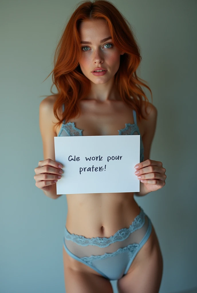 Sarah in blue lingerie ,holding a sign that says: 22 Photos
