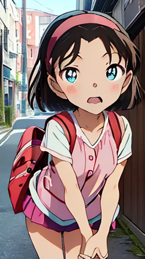 Browsing Caution、（Large Breasts：1.5）(((Pink Panties）））,
Yoshida Ayumi,One girl，、Brown Hair，short hair，，Blue eyes、Red headband、Show Viewer，Japanese-made backpacks for elementary school students，Short sleeve，Blush and laugh、blush，in doors, clavicle，door、blue sky，White cloud,outdoor、street、Burning a masterpiece,8k unity wallpaper、Anime key visual、Highest quality，High resolution，Unity 8k wallpaper shape:0.8),Anime Coloring,highly Detailed face、Fine grain、Growing Eyes、Shiny skin、Fine skin、White skin、dense skin、Detailed Hair、Very elaborate legs、Perfect lighting，Detailed CG,Detailed skin、Detailed face、Fine grain、Glowing Eyes、dense skin、Shiny skin、(Perfect hands，Perfect Anatomy）,High resolution（Detailed Friction）,Thin limbs，Delicate curves、Graceful Hands、shape:0.8、Open your mouth wide、Extend tongue from mouth、Put your hands over your mouth、