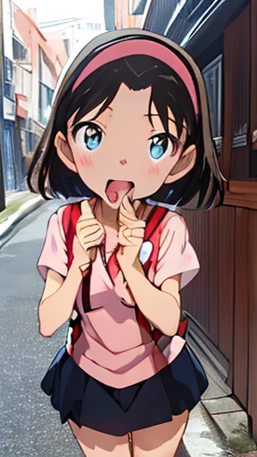 Browsing Caution、（Large Breasts：1.5）(((Pink Panties）））,
Yoshida Ayumi,One girl，、Brown Hair，short hair，，Blue eyes、Red headband、Show Viewer，Japanese-made backpacks for elementary school students，Short sleeve，Blush and laugh、blush，in doors, clavicle，door、blue sky，White cloud,outdoor、street、Burning a masterpiece,8k unity wallpaper、Anime key visual、Highest quality，High resolution，Unity 8k wallpaper shape:0.8),Anime Coloring,highly Detailed face、Fine grain、Growing Eyes、Shiny skin、Fine skin、White skin、dense skin、Detailed Hair、Very elaborate legs、Perfect lighting，Detailed CG,Detailed skin、Detailed face、Fine grain、Glowing Eyes、dense skin、Shiny skin、(Perfect hands，Perfect Anatomy）,High resolution（Detailed Friction）,Thin limbs，Delicate curves、Graceful Hands、shape:0.8、Open your mouth wide、Extend tongue from mouth、Put your hands over your mouth、