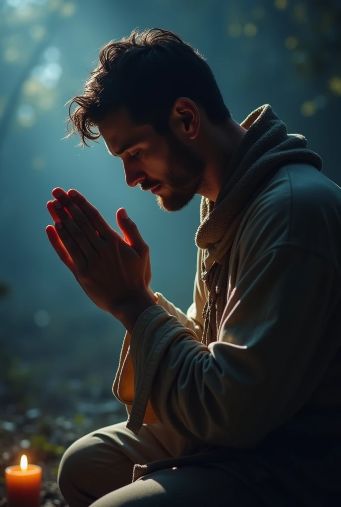 Transition to a close-up shot of a humble believer kneeling in prayer. The believer's posture shows deep devotion and humility. The scene is simple, focusing on the act of worship, with soft moonlight gently illuminating the believer.Mood: Devotion and spiritual connection.
mane not woman man to offer prayers