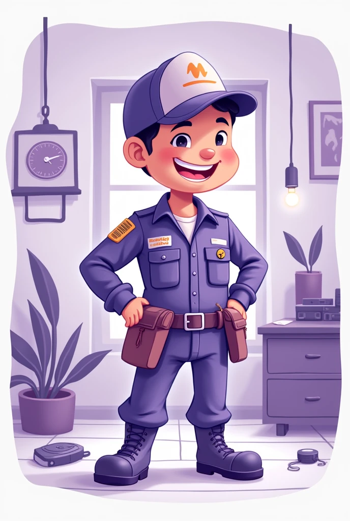 make a drawing of an electrician in cartoon form and with the purple palette, white and light purple