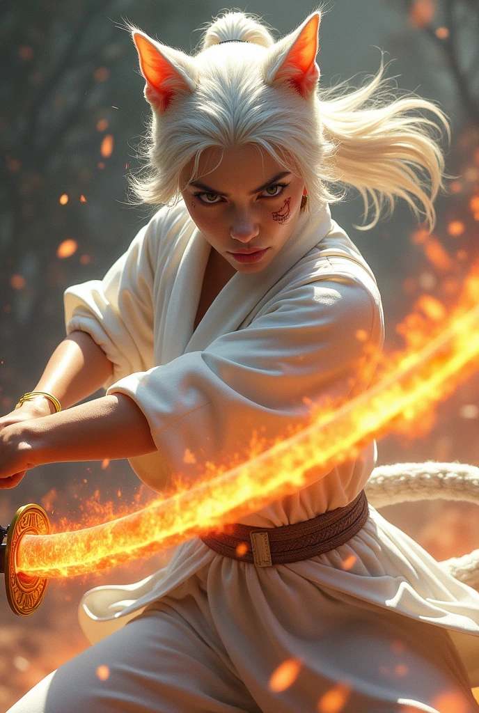 A female white cat dressed in ninja dress with white ponytail with scar across eyes and anger in eyes fights with sword swiftly using the sword covered with fire