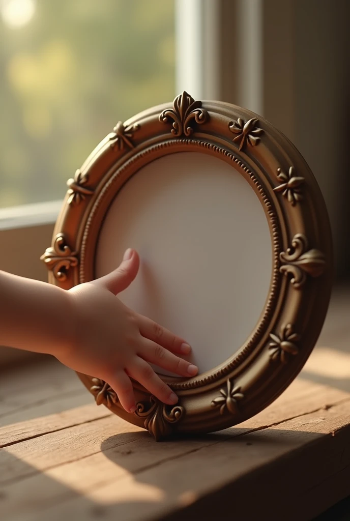 kids hand holding a round picture frame